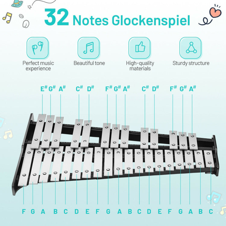 32 Note Glockenspiel Xylophone Percussion Bell Kit with Adjustable Stand
