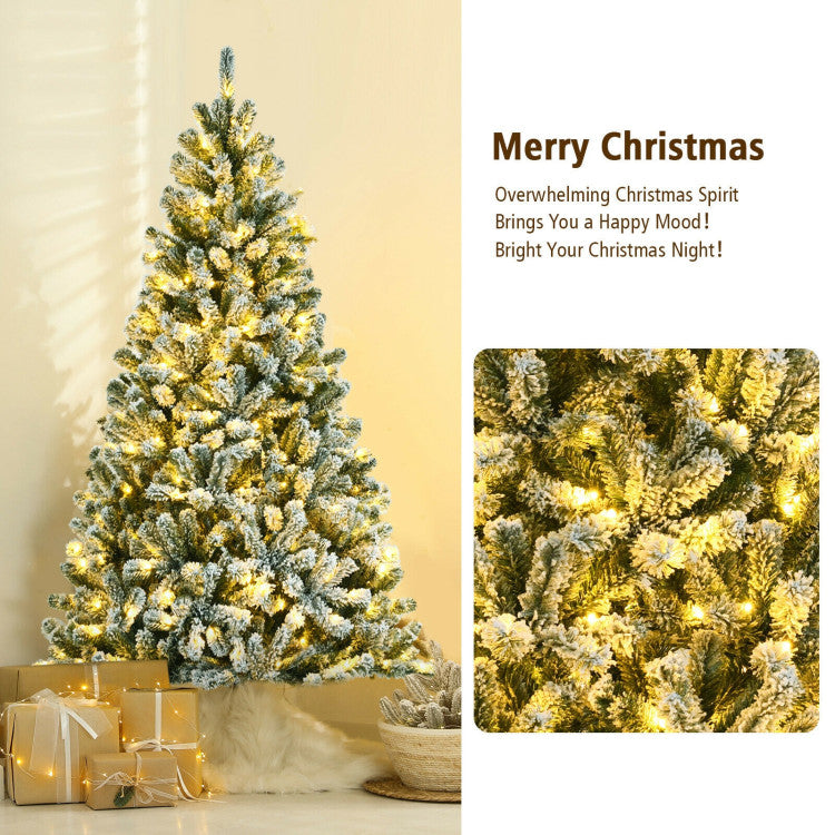 6/7/8 Feet Pre-lit Snow Flocked Christmas Tree with Metal Stand