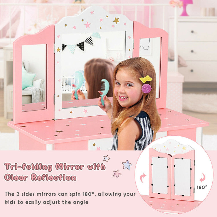 Kids Princess Vanity Table and Stool Set with Tri-folding Mirror and Drawer