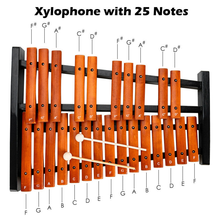 25 Notes Xylophone Wooden Percussion Educational Instrument with 2 Mallets