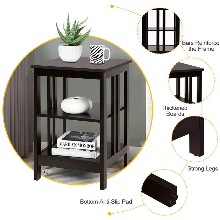 3-Tier Nightstand Set of 2 with Reinforced Bars and Stable Structure