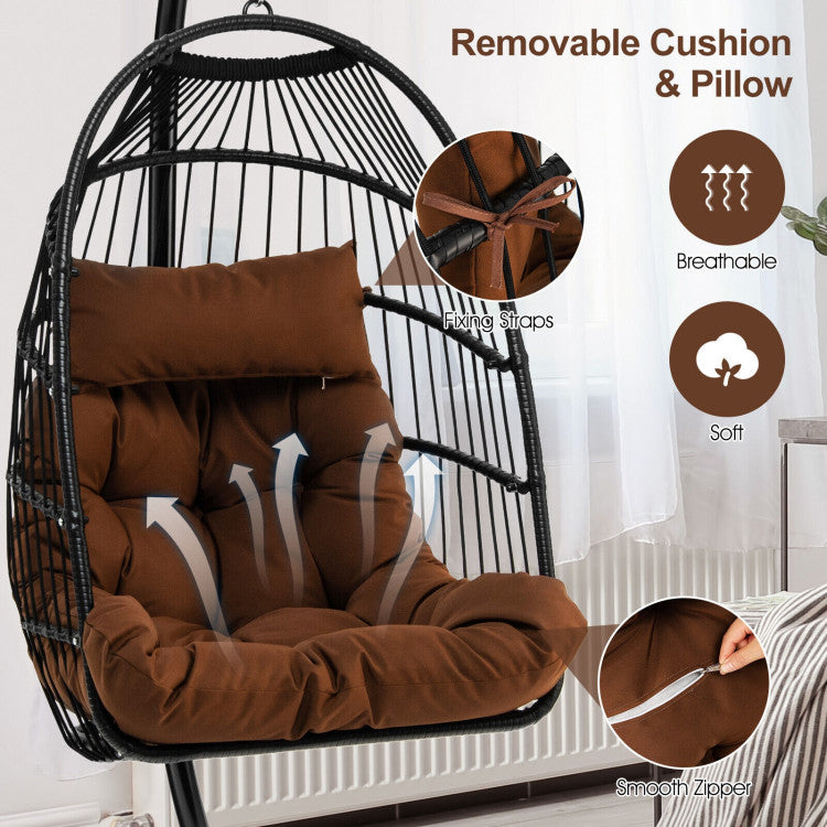 Patio Hanging Egg Chair with Stand Waterproof Cover and Folding Basket