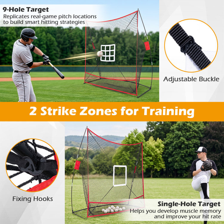 7 x 7.4 FT Baseball Practice Net with 2 Strike Zones and Large Ball Collection System