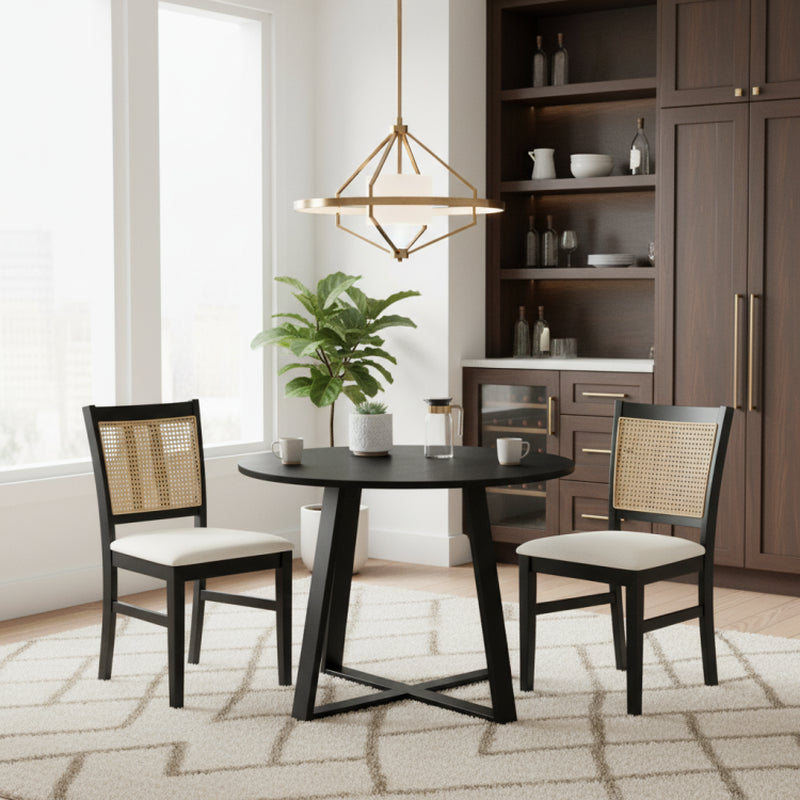3-Piece Mid-Century Dining Set with 36” round Pedestal Table and 2 Farmhouse Rattan Dining Chairs