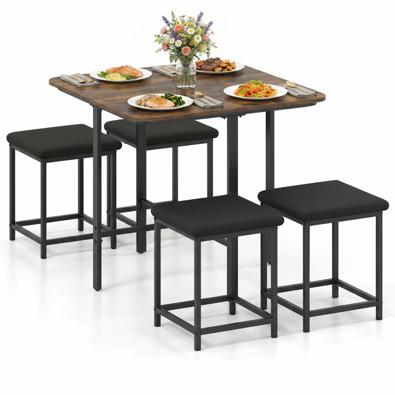 Dining Table Set with 4 Upholstered Stools and Metal Frame