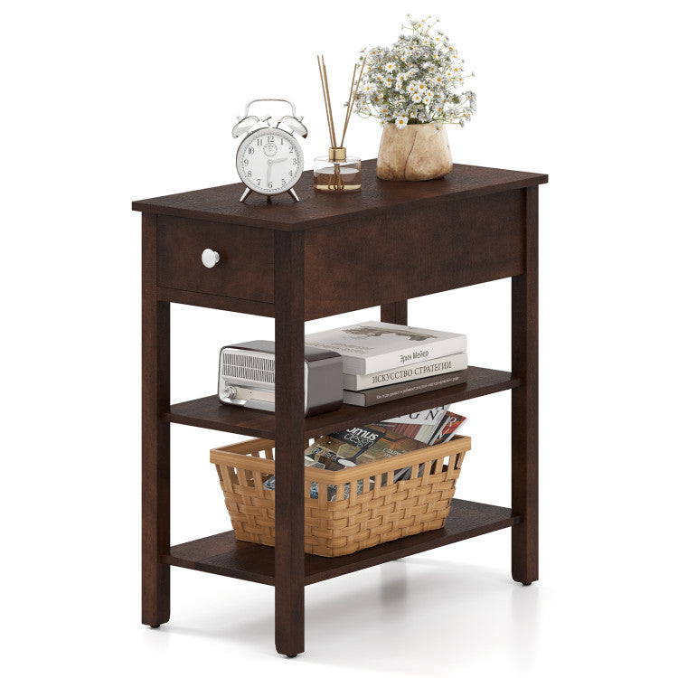 3-Tier Narrow End Table with Drawer and Storage Shelves