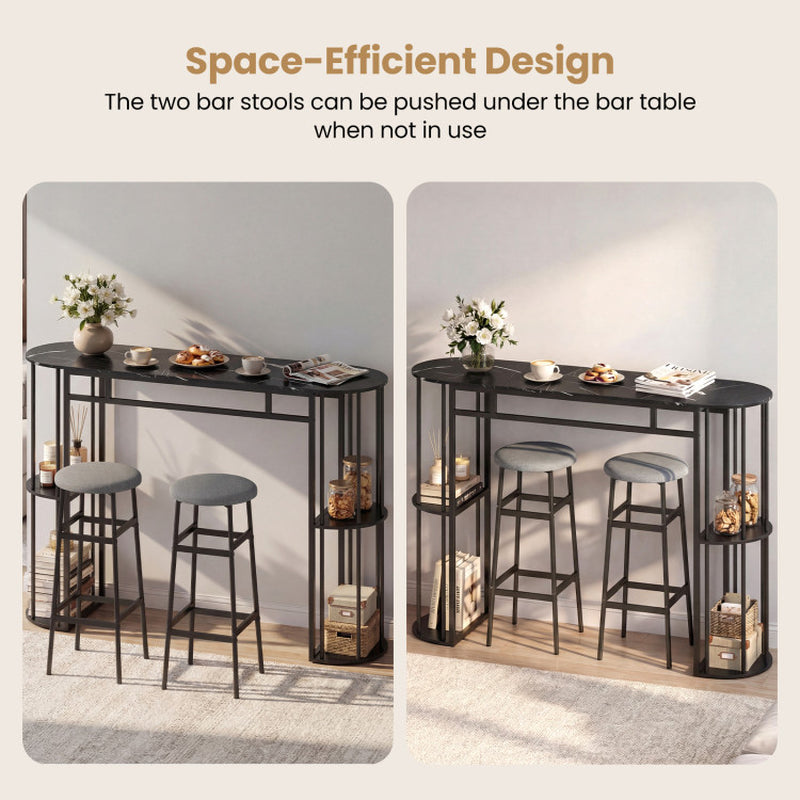 60 Inch Dining Table and 2 Upholstered Barstools with Faux Marble Tabletop