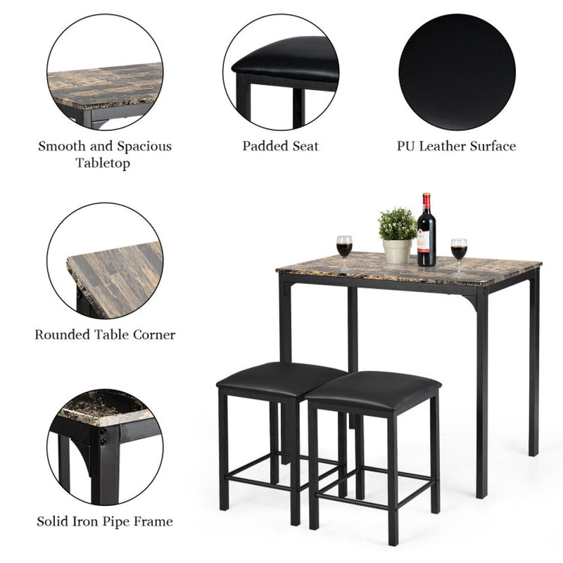 3-Piece Counter-Height Dining Table Set Rectangle Bar Table with 2 Upholstered Stools