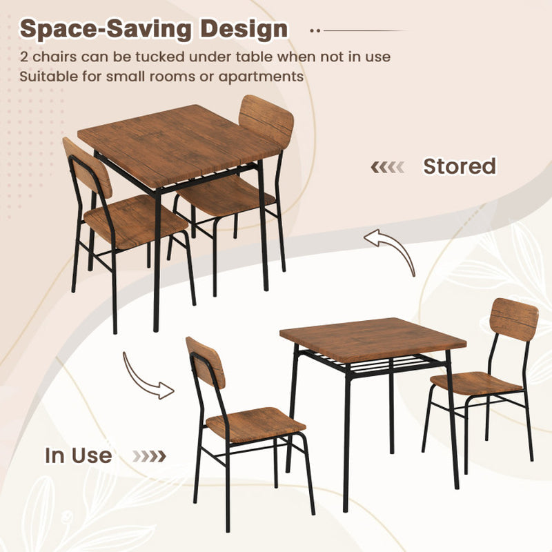 3 Pieces Dining Table Set for 2 Wood Square Table with Metal Frame