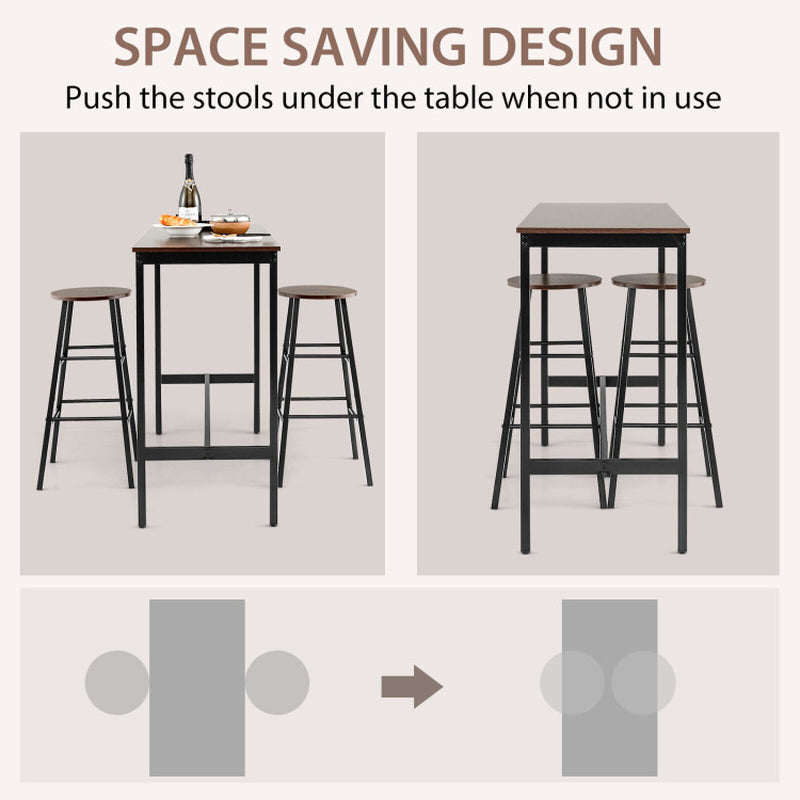 3 Pieces Bar Table Set with Dining Table and 2 round Stools