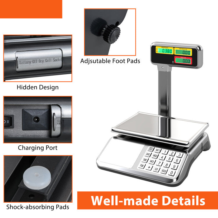 88lb Price Computing Scale with Pole Dual LCD Display Digital Commercial Food Scale