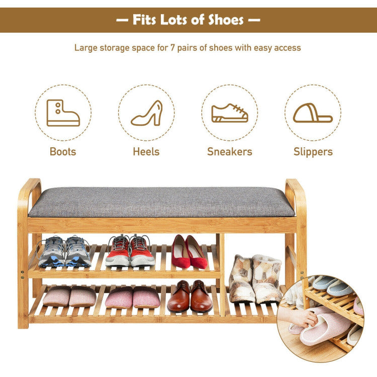 Entryway 3-Tier Bamboo Shoe Rack Bench with Cushion