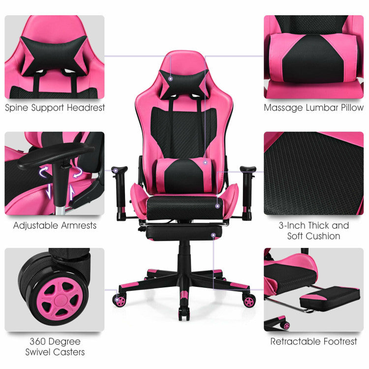 PU Leather Gaming Chair with USB Massage Lumbar Pillow and Footrest