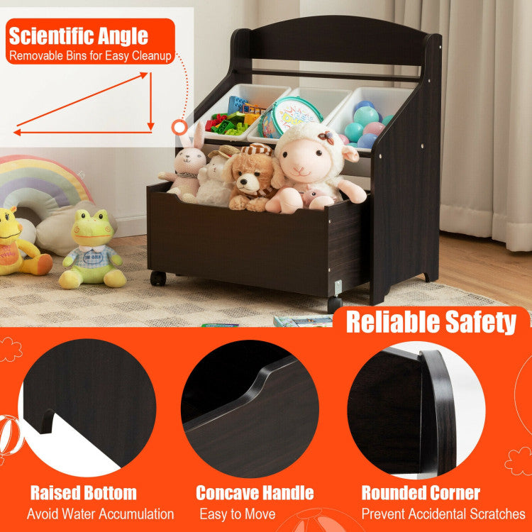 Kids Toy Storage Organizer with Rolling Toy Box and Plastic Bins, Wooden Cabinet