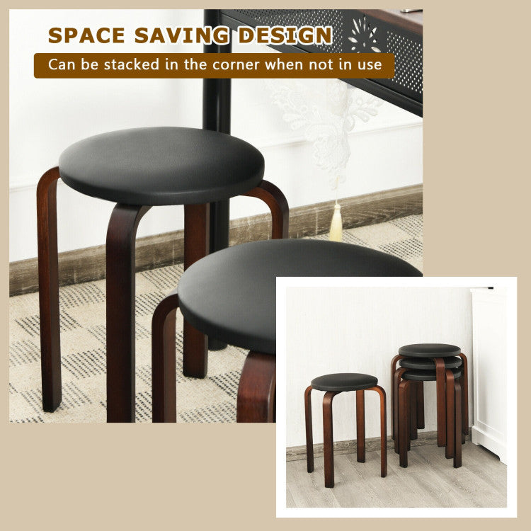 4-Pack Bentwood Stack Stools with PU Leather Round Top