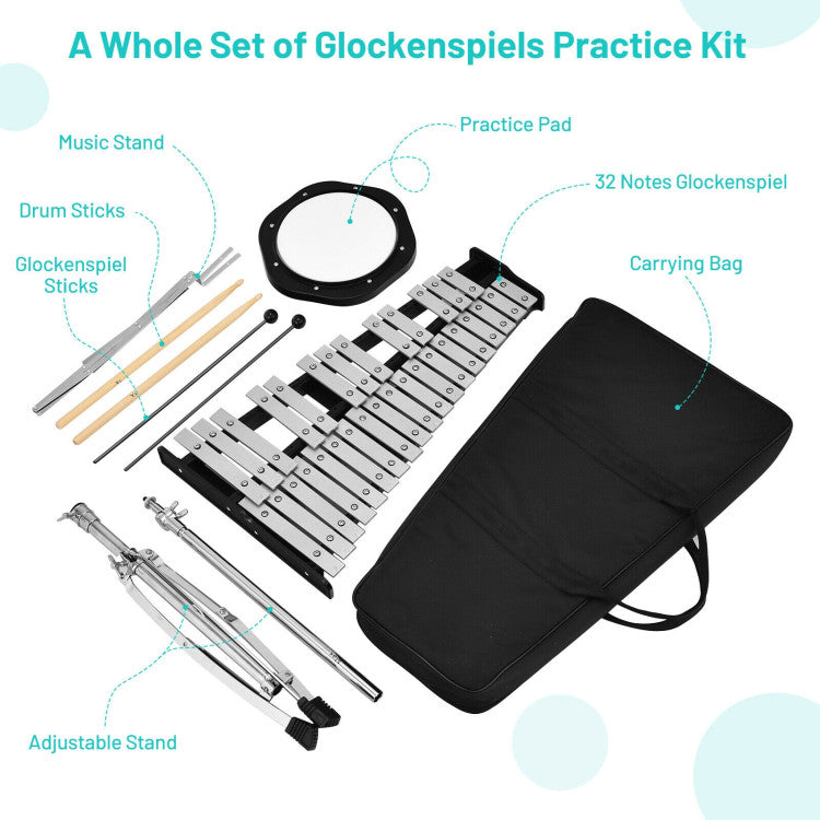 32 Note Glockenspiel Xylophone Percussion Bell Kit with Adjustable Stand