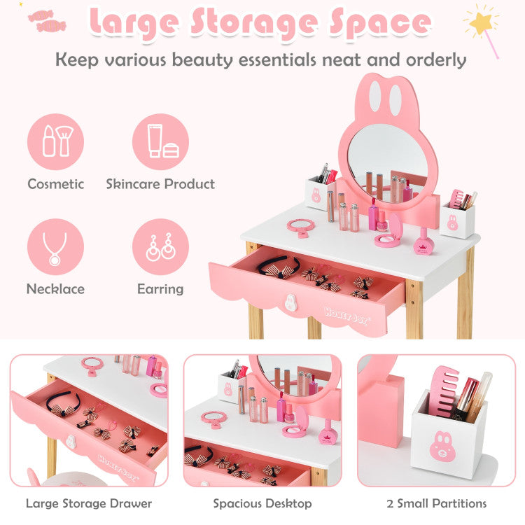 Kids Rabbit Vanity Table Chair Set with Mirror and Drawer