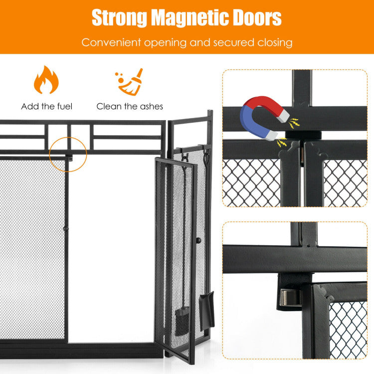 3-Panel Folding Wrought Iron Fireplace Screen with Doors and 4 Pieces Tools Set