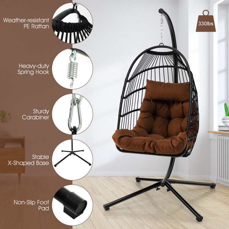 Patio Hanging Egg Chair with Stand Waterproof Cover and Folding Basket