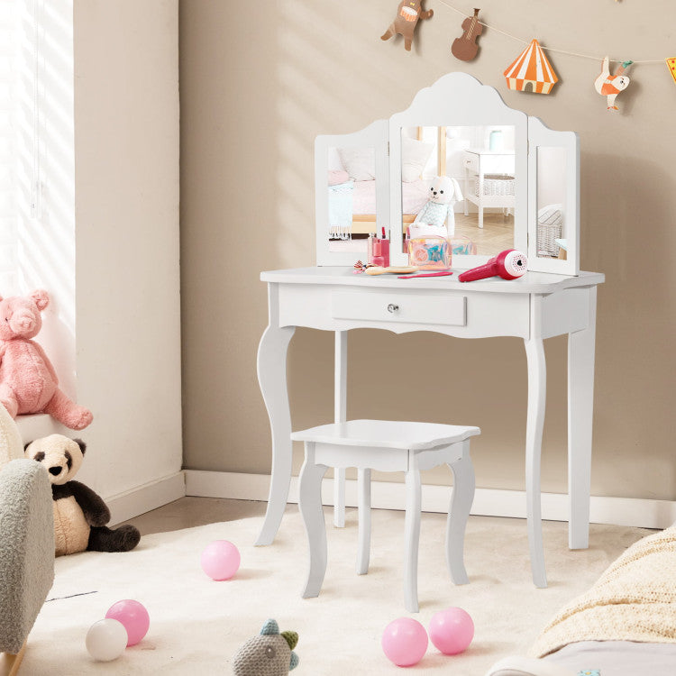 Kids Dressing Vanity Set with Detachable Tri-Folding Mirror and Stool