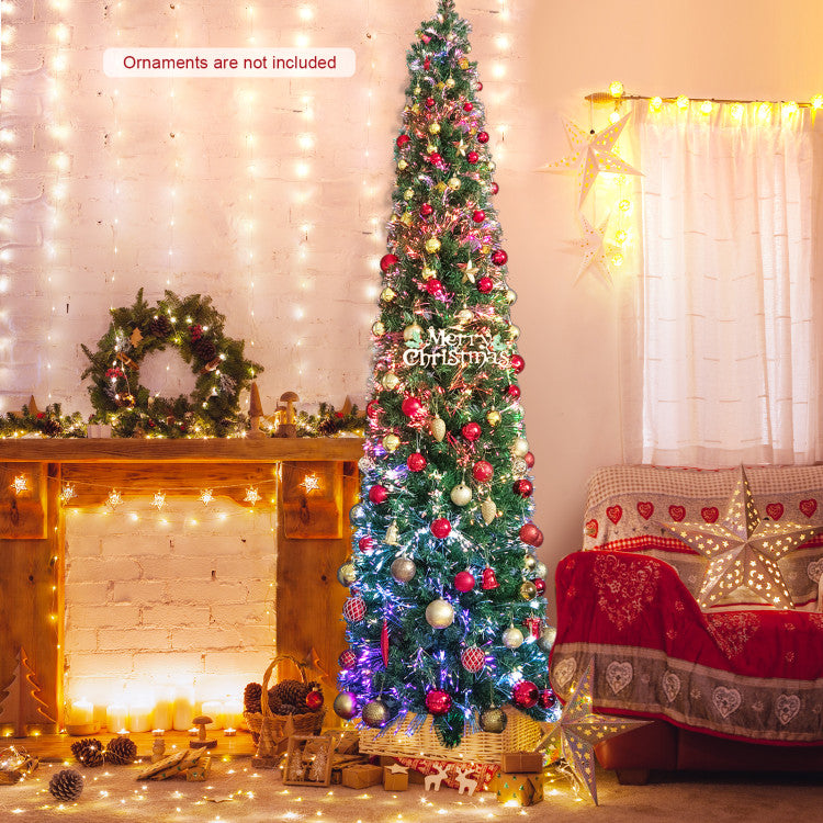 5/6/7/8 FT Pre-Lit Christmas Pencil Tree with Colorful Fiber Optics Green