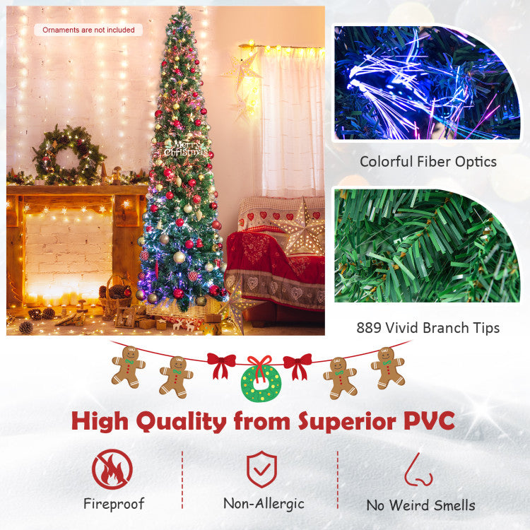 5/6/7/8 FT Pre-Lit Christmas Pencil Tree with Colorful Fiber Optics Green
