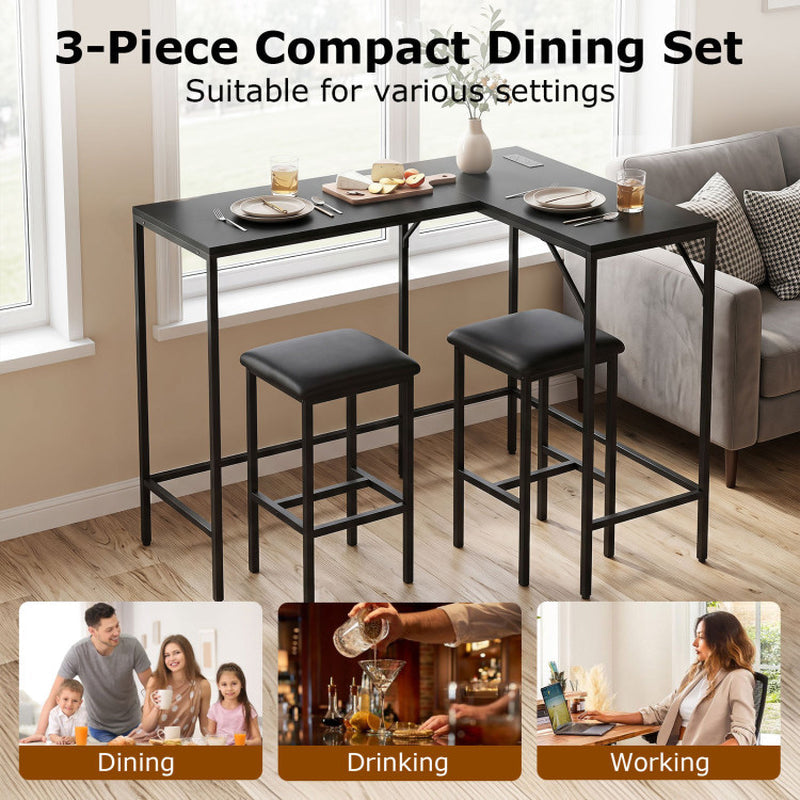 3-Piece Convertible L-Shaped Kitchen Table Chair Set with 2 AC Outlets USB Port and Type-C Port