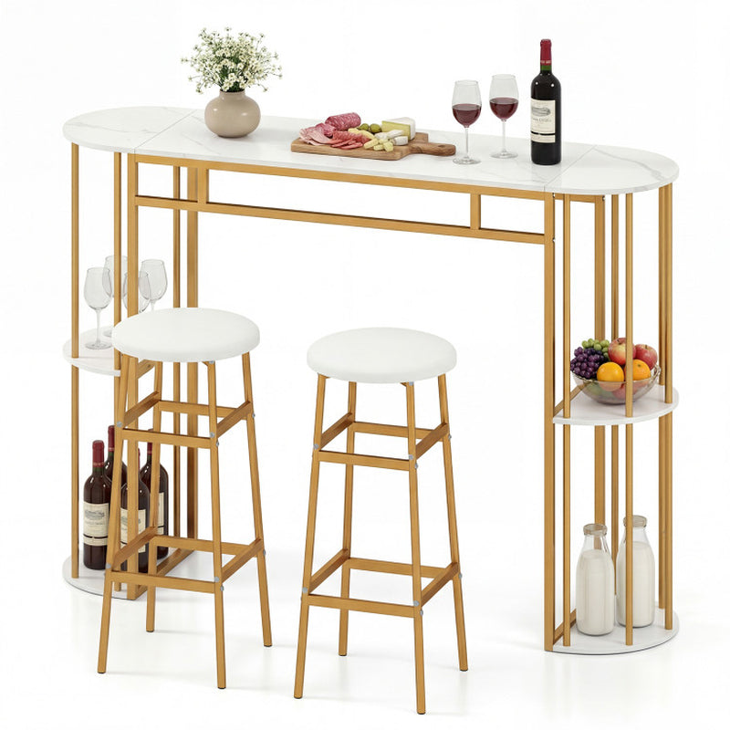60 Inch Dining Table and 2 Upholstered Barstools with Faux Marble Tabletop