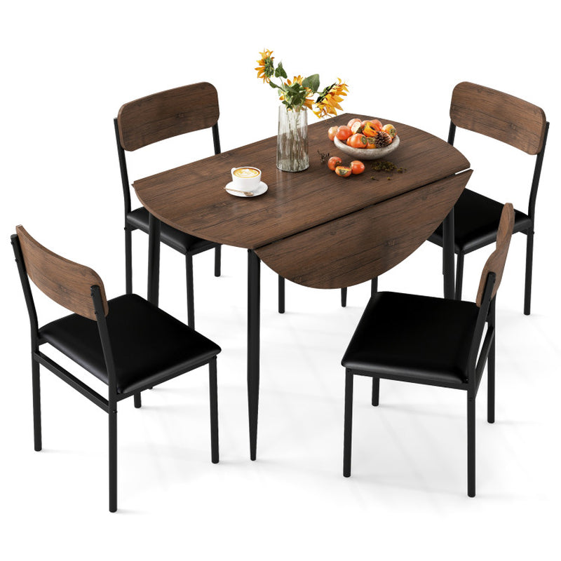 5-Piece round Kitchen Table Set with Drop Leaf Tabletop and 4 Upholstered Dining Chairs