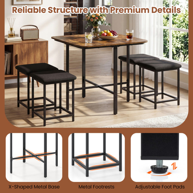Dining Table Set with 4 Upholstered Stools and Metal Frame