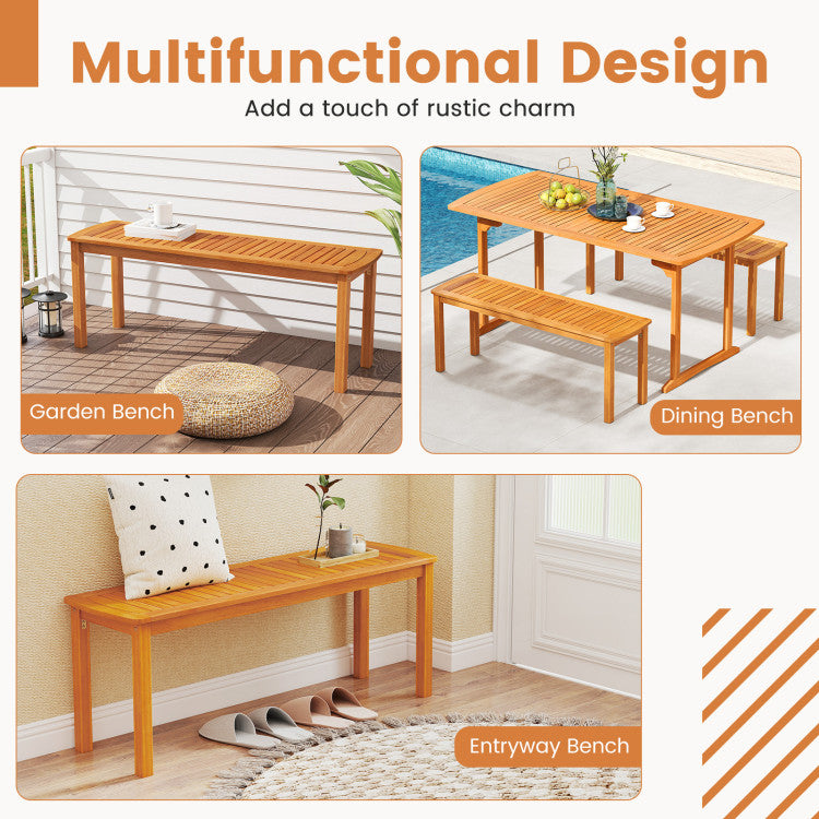 Acacia wood outdoor bench with slatted seat for garden