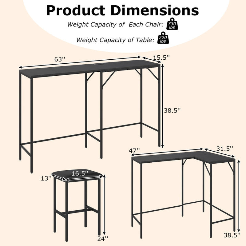 3-Piece Convertible L-Shaped Kitchen Table Chair Set with 2 AC Outlets USB Port and Type-C Port