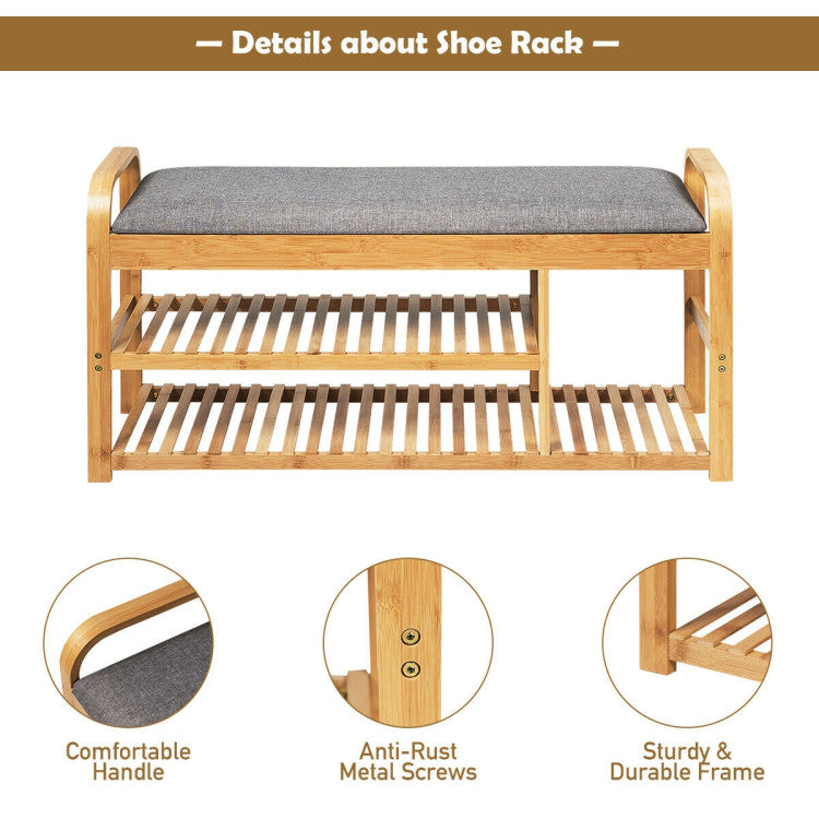 Entryway 3-Tier Bamboo Shoe Rack Bench with Cushion