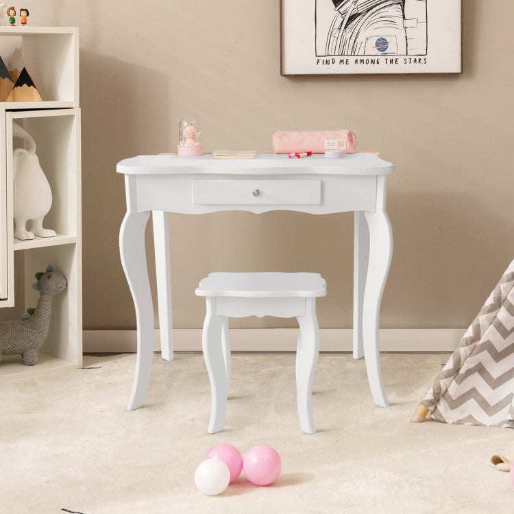 Kids Dressing Vanity Set with Detachable Tri-Folding Mirror and Stool