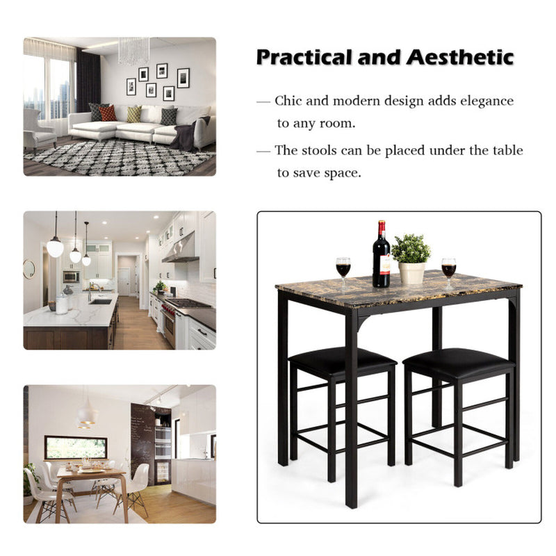 3-Piece Counter-Height Dining Table Set Rectangle Bar Table with 2 Upholstered Stools