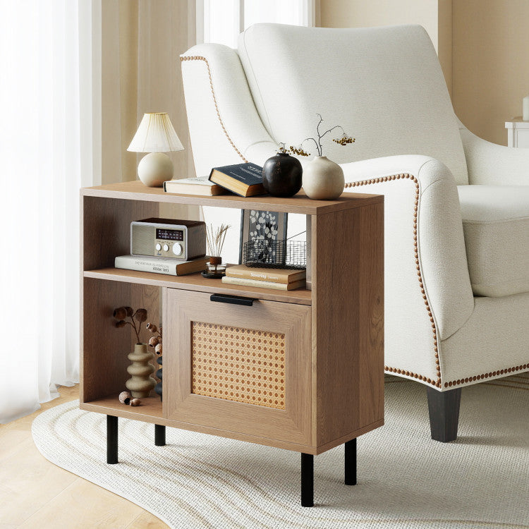 Accent Side End Table with Storage Shelf and Cabinet for Small Space