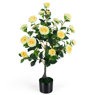 Artificial Camellia Tree Faux Flower Plant in Cement-Filled Pot