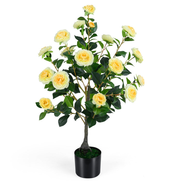 Artificial Camellia Tree Faux Flower Plant in Cement-Filled Pot