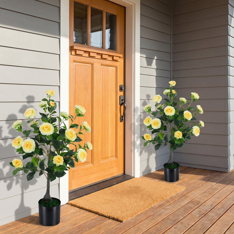 Artificial Camellia Tree Faux Flower Plant in Cement-Filled Pot