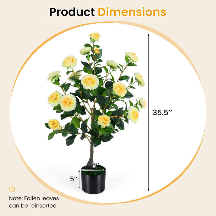 Artificial Camellia Tree Faux Flower Plant in Cement-Filled Pot