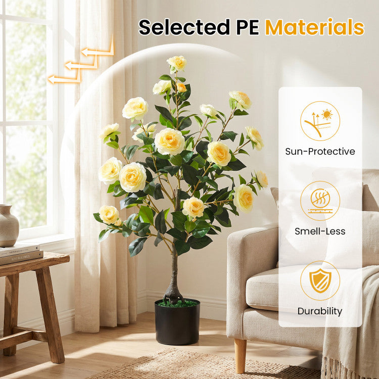 Artificial Camellia Tree Faux Flower Plant in Cement-Filled Pot