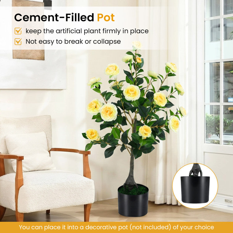 Artificial Camellia Tree Faux Flower Plant in Cement-Filled Pot