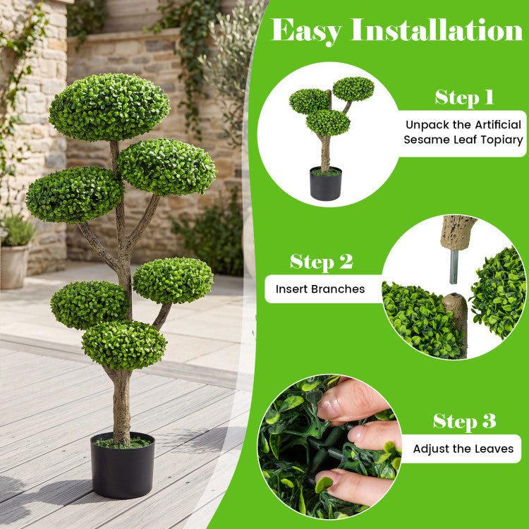 Indoor Outdoor 6 Balls Topiary Tree with Realistic Trunk and Weighted Cement-Filled Base