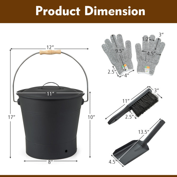 Ash Bucket with Lid and Cut-resistant Gloves