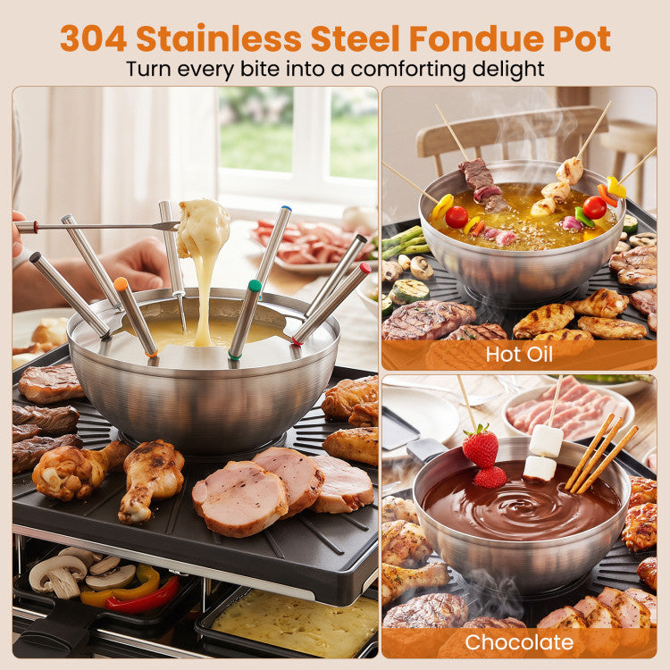 BBQ Grill with Fondue Pot Set and Adjustable Thermostats for 8 People