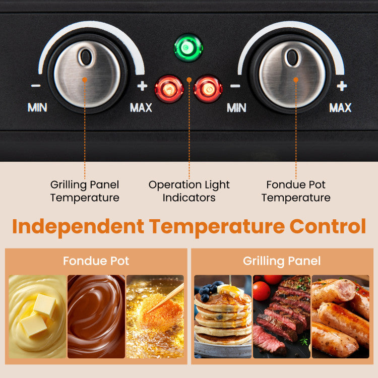 BBQ Grill with Fondue Pot Set and Adjustable Thermostats for 8 People