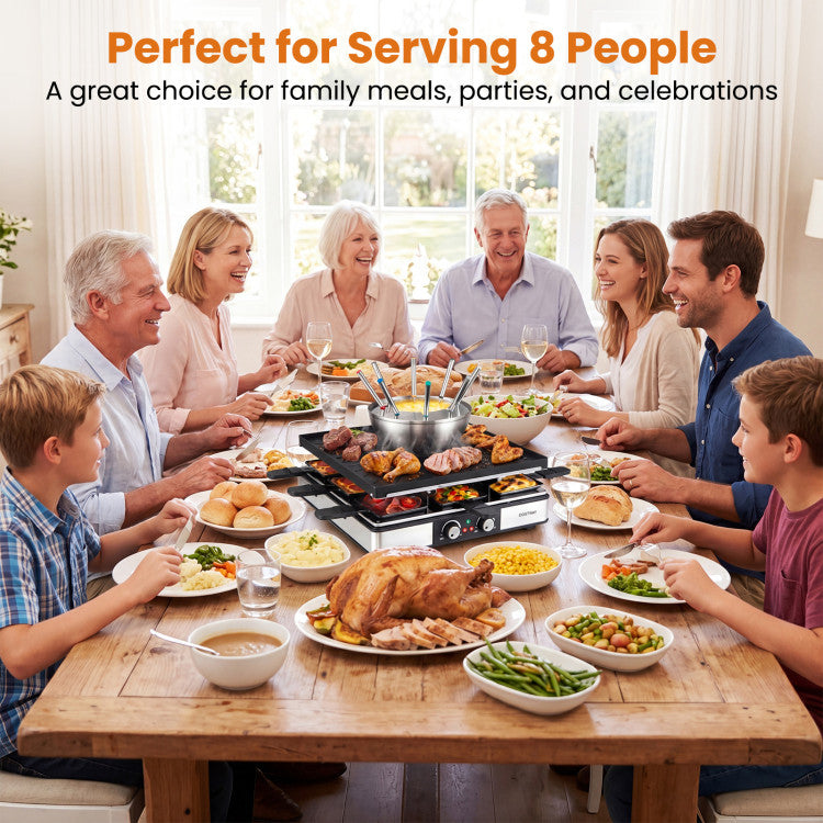 BBQ Grill with Fondue Pot Set and Adjustable Thermostats for 8 People