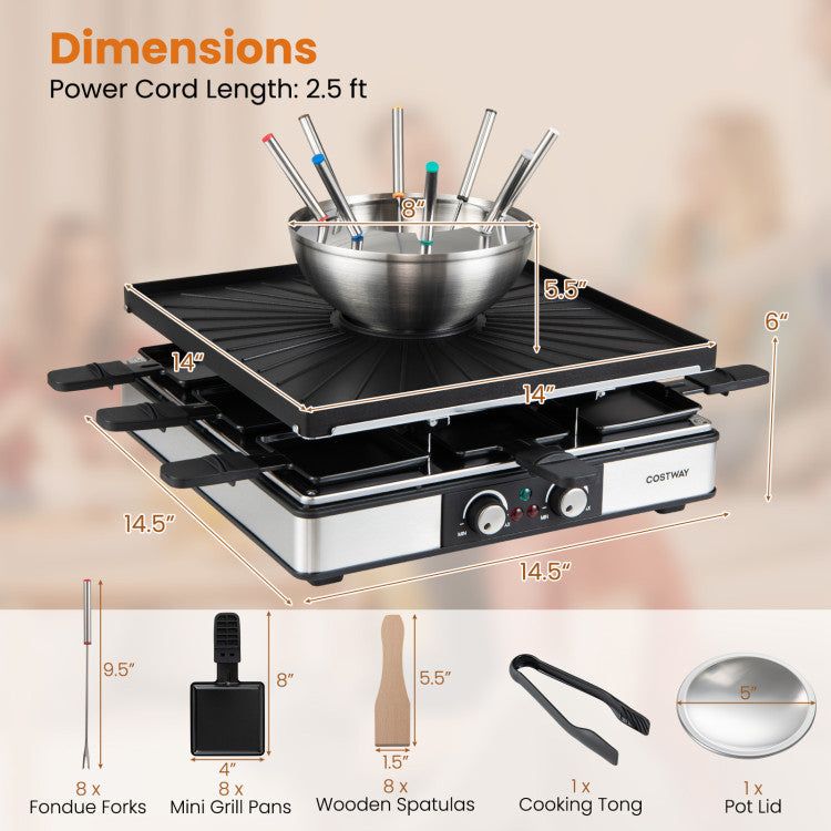 BBQ Grill with Fondue Pot Set and Adjustable Thermostats for 8 People