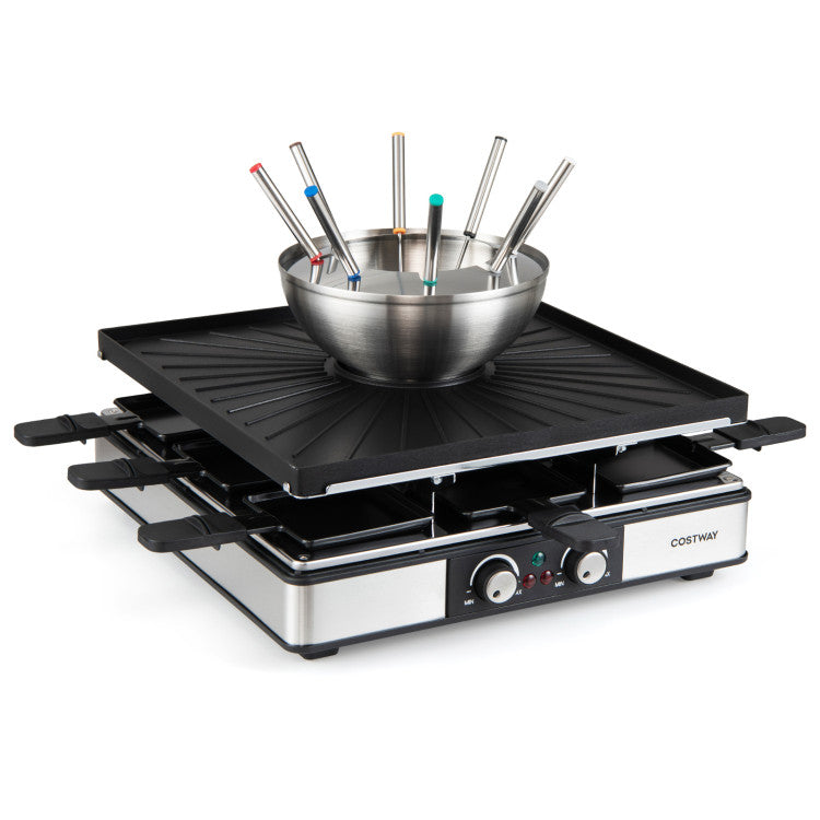 BBQ Grill with Fondue Pot Set and Adjustable Thermostats for 8 People