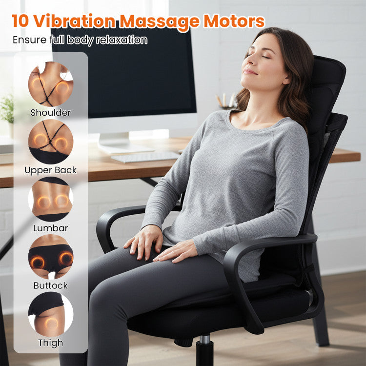 Back Massager Seat Cushion with Heat and 10 Vibration Motors for Pain Relief